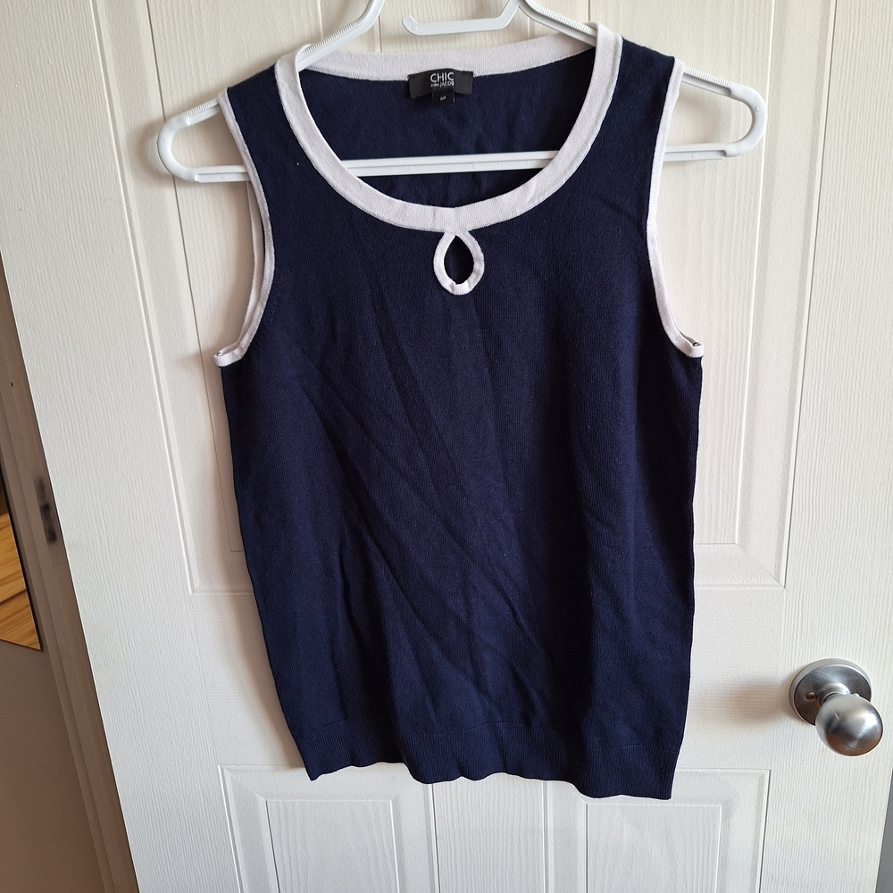 Chic Dark Blue and White Trim Tank Top